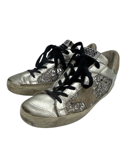 Golden Goose Shoe Size 38 Silver & Beige Leather Glitter Lace Up Sneakers Silver & Beige / 38