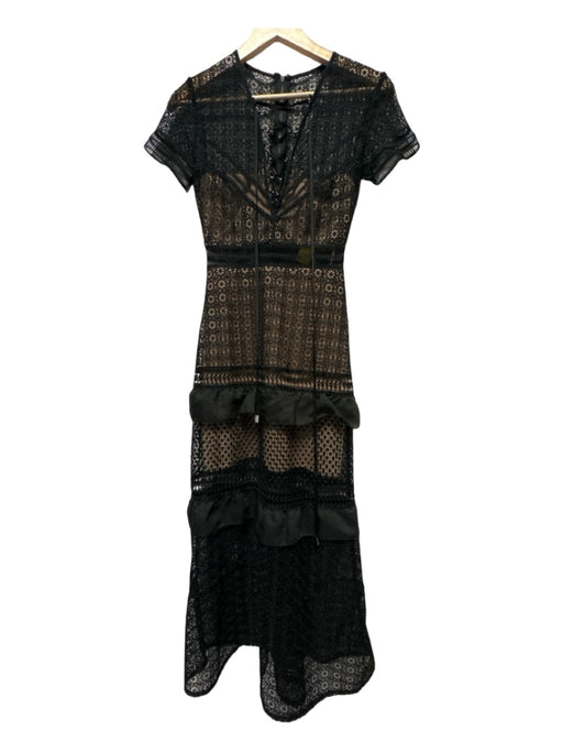 Self-Portrait Size 0 Black Lace Short Sleeve lace up Maxi Dress Black / 0