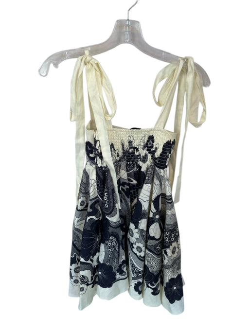 Alemais Size 2 Cream & Navy Linen Floral & Abstract tie strap Square Neck Dress Cream & Navy / 2