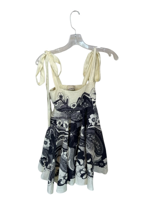 Alemais Size 2 Cream & Navy Linen Floral & Abstract tie strap Square Neck Dress Cream & Navy / 2