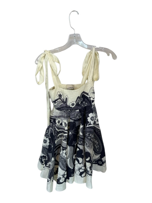 Alemais Size 2 Cream & Navy Linen Floral & Abstract tie strap Square Neck Dress Cream & Navy / 2