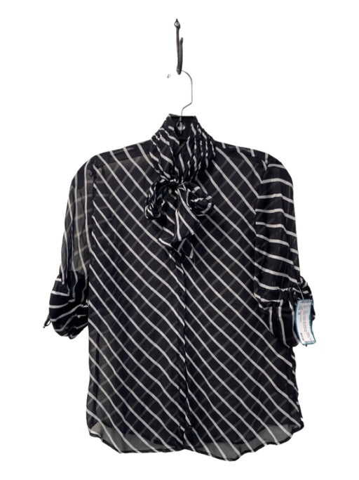 Anne Fontaine Size 38 Black & White Silk Button Up neck tie Sheer Striped Top Black & White / 38