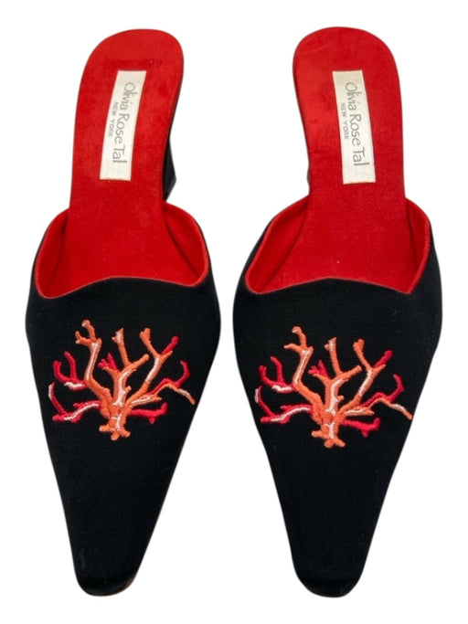 Shoe Size 8 Black & Red Canvas Embroidered Coral Pointed Toe Wedge Mules Black & Red / 8