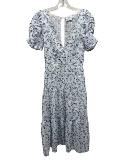 Hello Molly Size S White & Blue Cotton & Polyester Short Puff Sleeve Midi Dress White & Blue / S