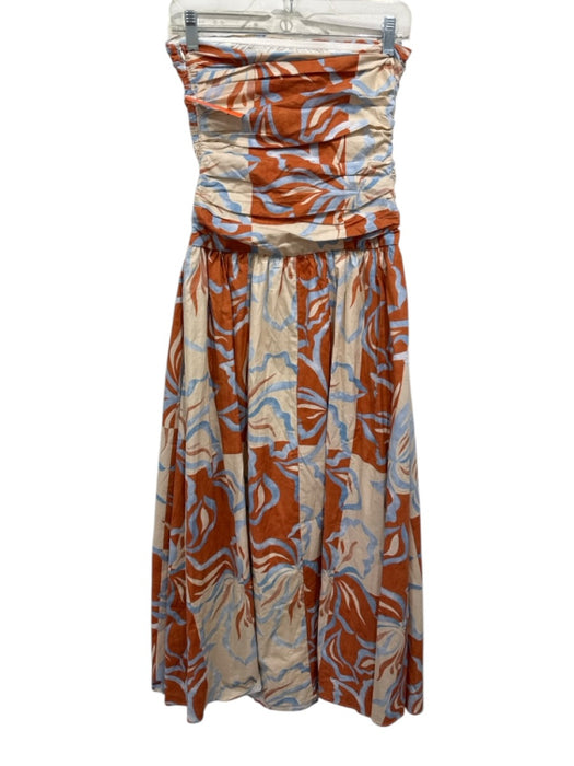 Peppermayo Size 2 Orange, Blue, Beige Cotton Strapless Abstract Print Midi Dress Orange, Blue, Beige / 2