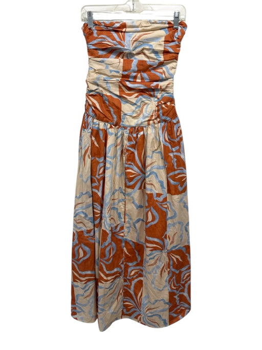 Peppermayo Size 2 Orange, Blue, Beige Cotton Strapless Abstract Print Midi Dress Orange, Blue, Beige / 2