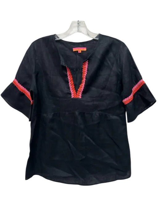 Vilagallo Size 42 Black, Pink, Orange Short Sleeve Ric-Rac Split V neck Top Black, Pink, Orange / 42