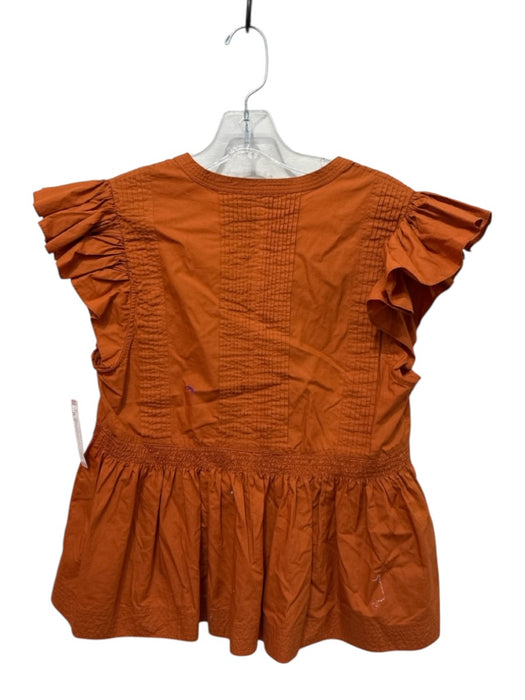Ulla Johnson Size 6 Orange Cotton Ruffle Cap Sleeve Pintuck Split V neck Top Orange / 6