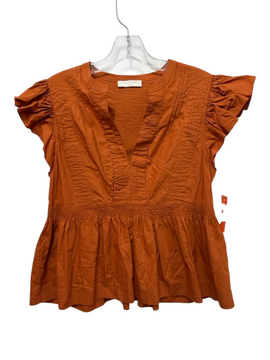 Ulla Johnson Size 6 Orange Cotton Ruffle Cap Sleeve Pintuck Split V neck Top Orange / 6