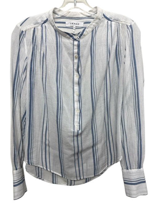 Frame Size S White & Blue Cotton Long Sleeve Vertical Stripes 1/4 Button Top White & Blue / S