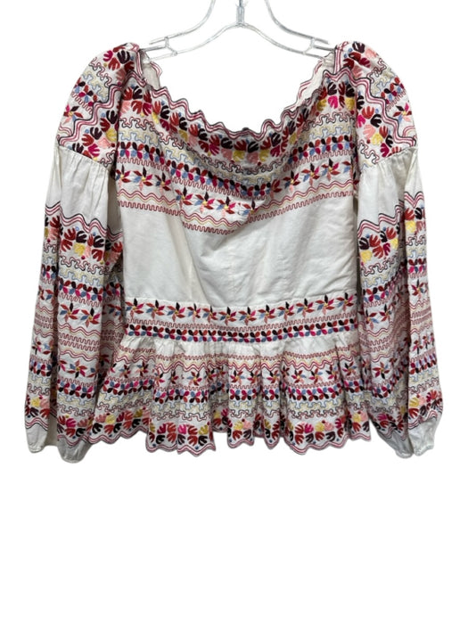 AMUR Size S White & Multi Cotton V Neck Embroidered Long Sleeve Flounce Top White & Multi / S