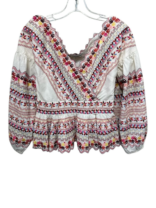 AMUR Size S White & Multi Cotton V Neck Embroidered Long Sleeve Flounce Top White & Multi / S