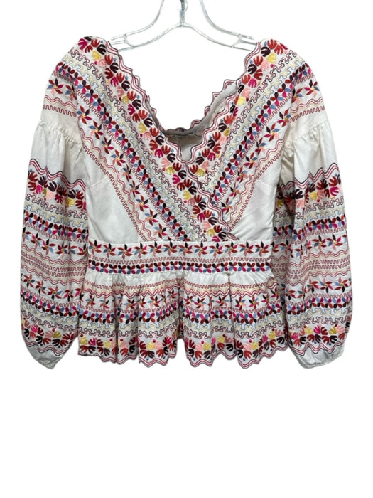 AMUR Size S White & Multi Cotton V Neck Embroidered Long Sleeve Flounce Top White & Multi / S