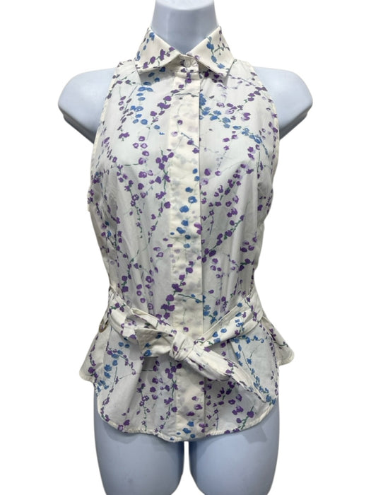 Max Mara Size Est XS/S White, Purple, Blue Cotton Sleeveless Floral Collar Top White, Purple, Blue / Est XS/S