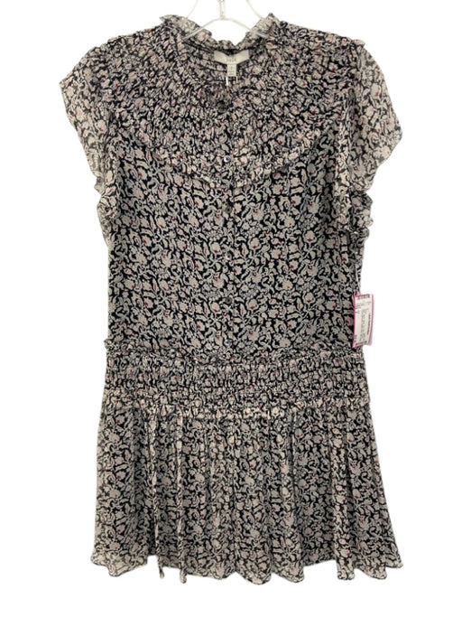 Joie Size 2 Black, White, Red Silk Shirred Floral Silhouette Button Down Dress Black, White, Red / 2