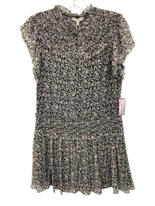 Joie Size 2 Black, White, Red Silk Shirred Floral Silhouette Button Down Dress Black, White, Red / 2