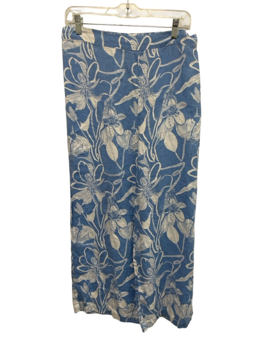 Magaschoni Size L Blue & White Linen Wide Leg Stretch Waist Floral Print Pants Blue & White / L