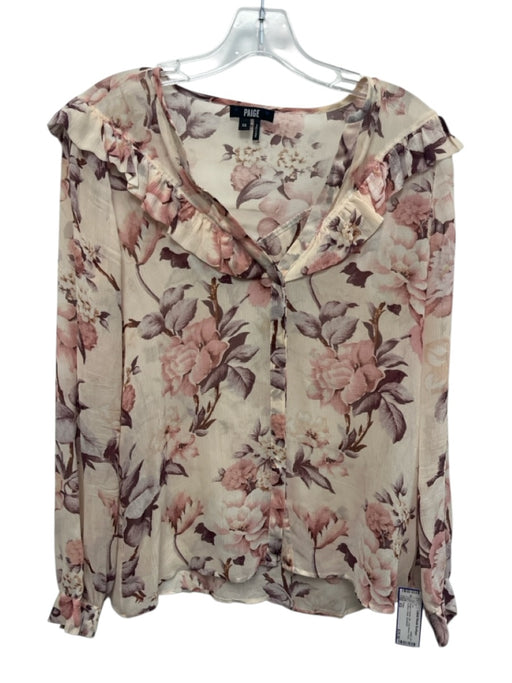 Paige Size XS Beige & Purple Silk Long Sleeve Floral Buttons Sheer Top Beige & Purple / XS