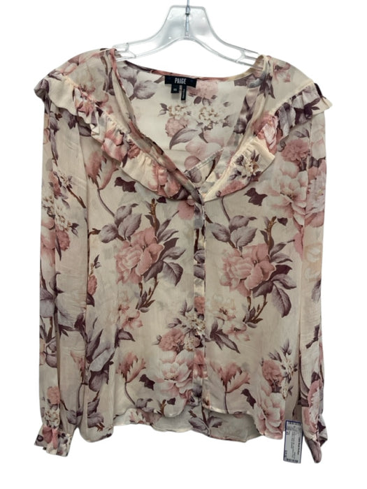 Paige Size XS Beige & Purple Silk Long Sleeve Floral Buttons Sheer Top Beige & Purple / XS