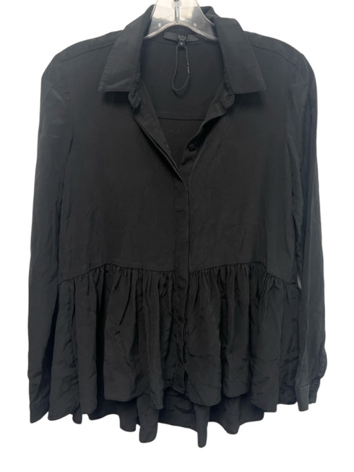 Tibi Size 0 Black Silk Long Sleeve Button Up Flounce Top Black / 0