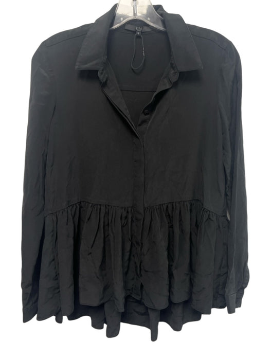Tibi Size 0 Black Silk Long Sleeve Button Up Flounce Top Black / 0