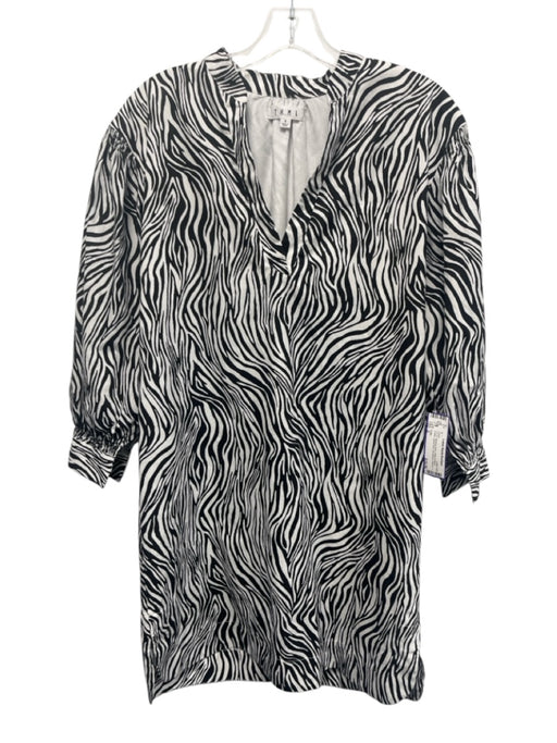 THML Size S White & Black Cotton Zebra Print 3/4 Balloon Sleeve V Neck Dress White & Black / S