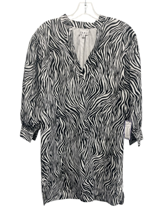 THML Size S White & Black Cotton Zebra Print 3/4 Balloon Sleeve V Neck Dress White & Black / S
