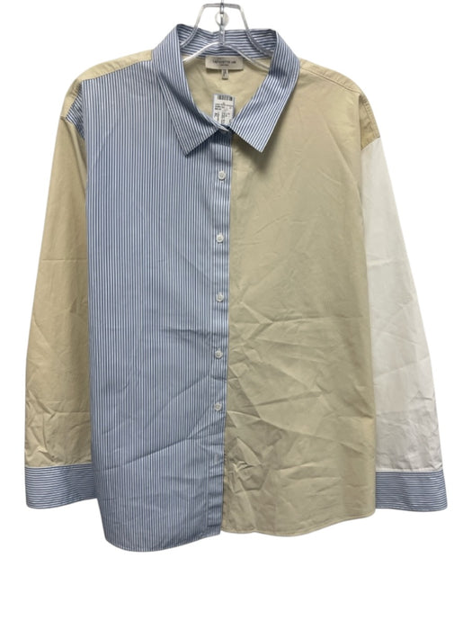 Lafayette 148 Size XL Beige, Blue & White Cotton Collar Neck Button Down Top Beige, Blue & White / XL