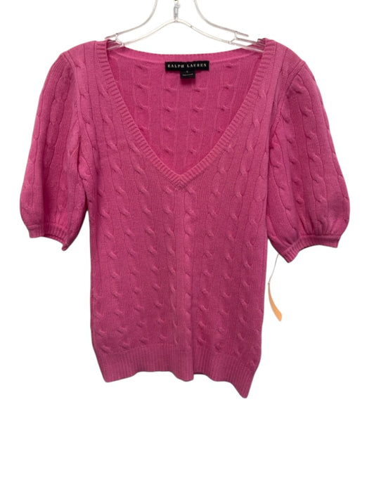 Ralph Lauren Size S Pink Wool Blend Short Sleeve Cable Knit V Neck Top Pink / S