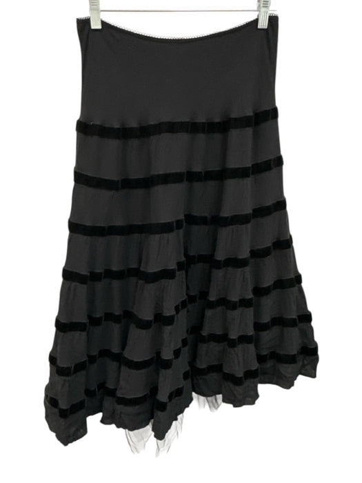 Avenue Montaigne Size Est S Black Stretch Velvet Detail Stripe Midi Skirt Black / Est S