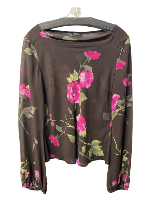 Escada Size 34 Brown, Pink & Green Silk Cowl Neck Floral Sheer Long Sleeve Top Brown, Pink & Green / 34