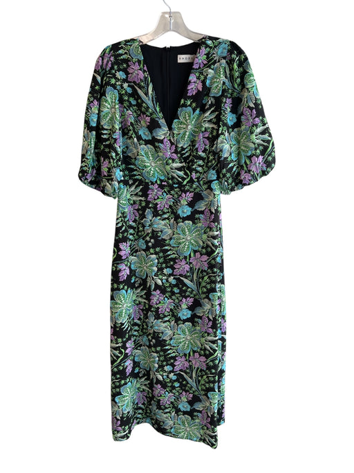 Rhode Size 0 Black & Multi Viscose & Polyester Blouson Sleeves Midi Dress Black & Multi / 0