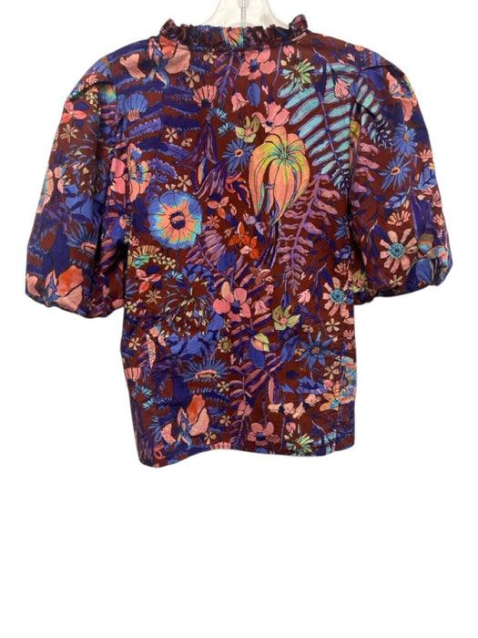 Marie Oliver Size M Brown, Purple & Black Cotton Floral 1/2 Puff Sleeve Top Brown, Purple & Black / M