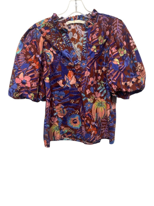 Marie Oliver Size M Brown, Purple & Black Cotton Floral 1/2 Puff Sleeve Top Brown, Purple & Black / M