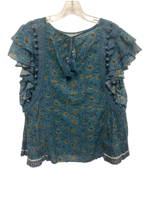 Sea New York Size 10 Teal Blue & Yellow Cotton Blend Floral Tie Back Top Teal Blue & Yellow / 10
