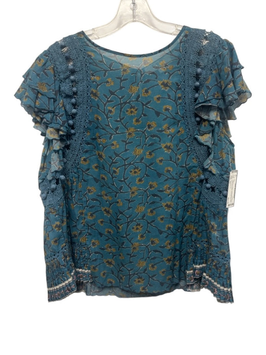 Sea New York Size 10 Teal Blue & Yellow Cotton Blend Floral Tie Back Top Teal Blue & Yellow / 10