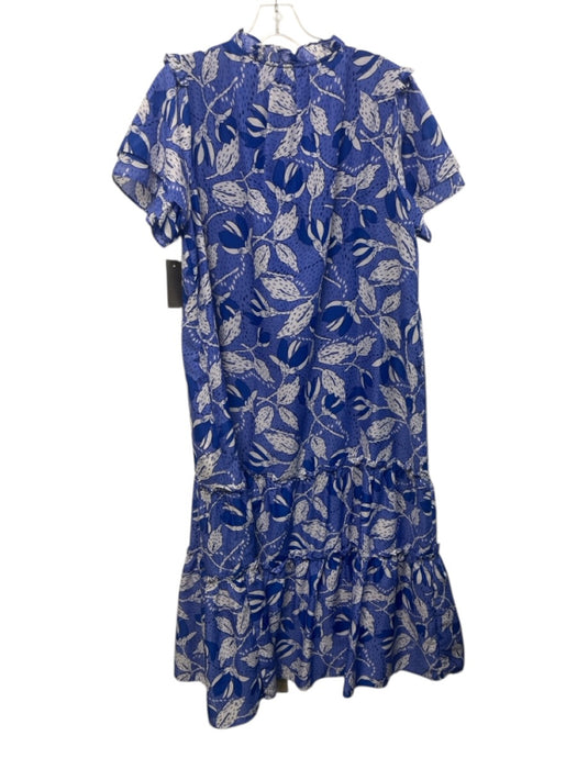 J. Marie Size L Blue & White Polyester Botanical Print Short Sleeve Tiered Dress Blue & White / L