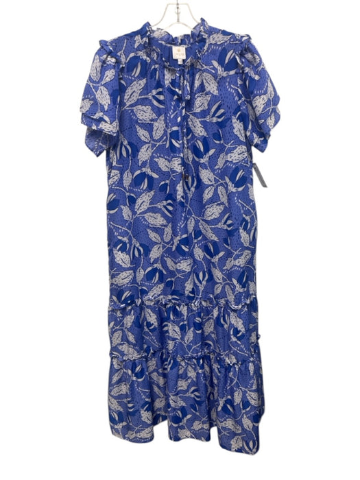 J. Marie Size L Blue & White Polyester Botanical Print Short Sleeve Tiered Dress Blue & White / L