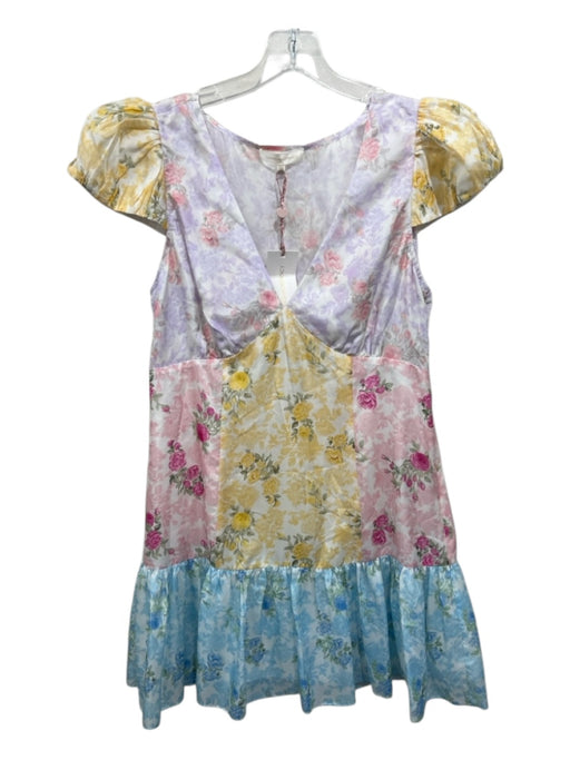 Loveshackfancy Size 10 Multicolor Silk floral print V Neck Cap Sleeve Dress Multicolor / 10