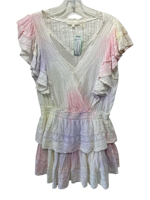 Love Shack Fancy Size L Pink & Multi Cotton V Neck Ruffles Tie Dye Dress Pink & Multi / L