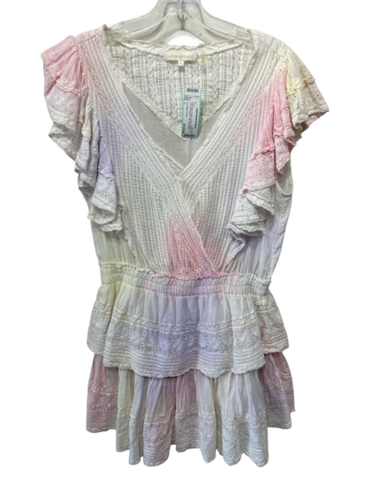 Love Shack Fancy Size L Pink & Multi Cotton V Neck Ruffles Tie Dye Dress Pink & Multi / L