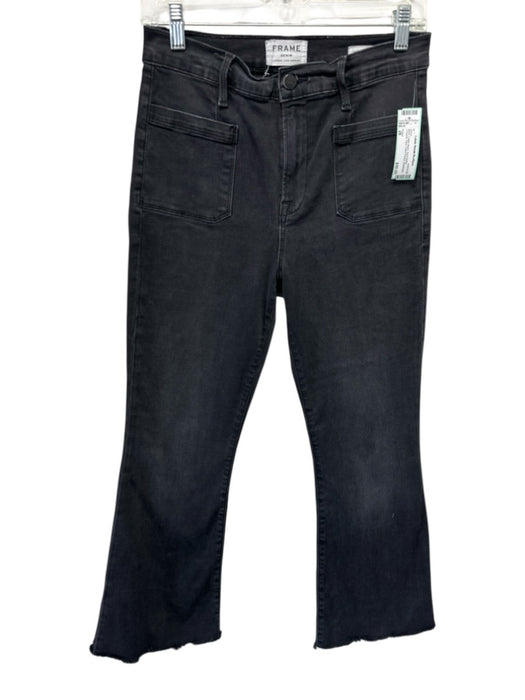 Frame Size 28 Black Cotton Blend Zip & Button Cropped Flare Patch Pocket Jeans Black / 28