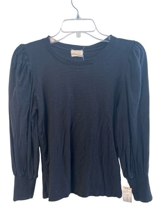 Nation Size S Black Prima Cotton Long Sleeve Round Neck Puff Shoulder Top Black / S