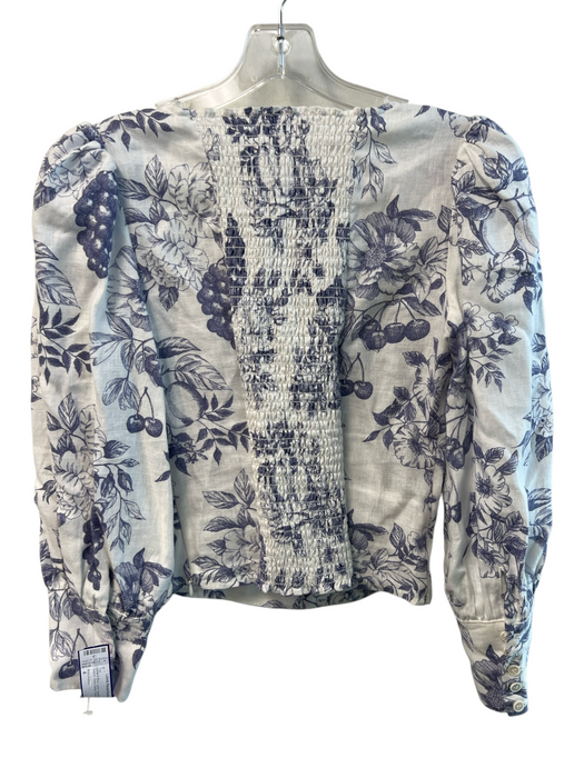 Reformation Size 4 White & Blue Linen Square Neck Long Sleeve Seam Detail Top White & Blue / 4