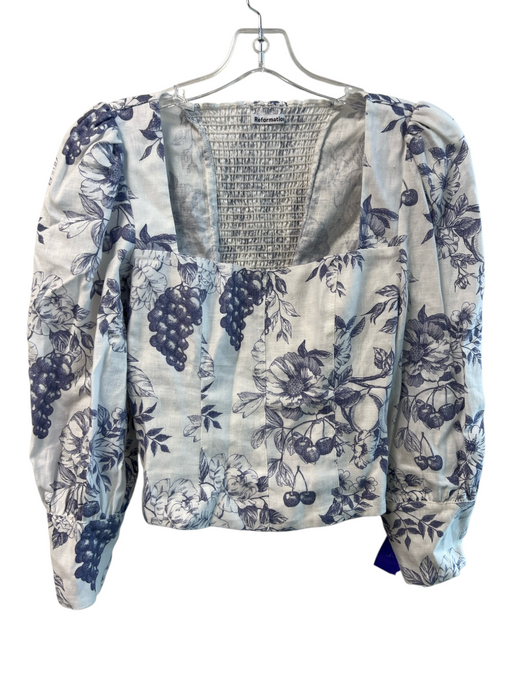 Reformation Size 4 White & Blue Linen Square Neck Long Sleeve Seam Detail Top White & Blue / 4