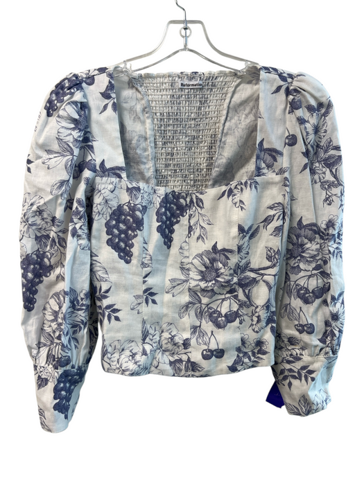 Reformation Size 4 White & Blue Linen Square Neck Long Sleeve Seam Detail Top White & Blue / 4