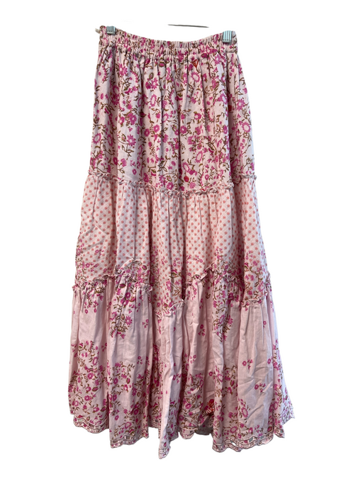 Hemant & Nandita Size XS Pink Cotton Elastic Waist Maxi Tiered Floral Skirt Pink / XS