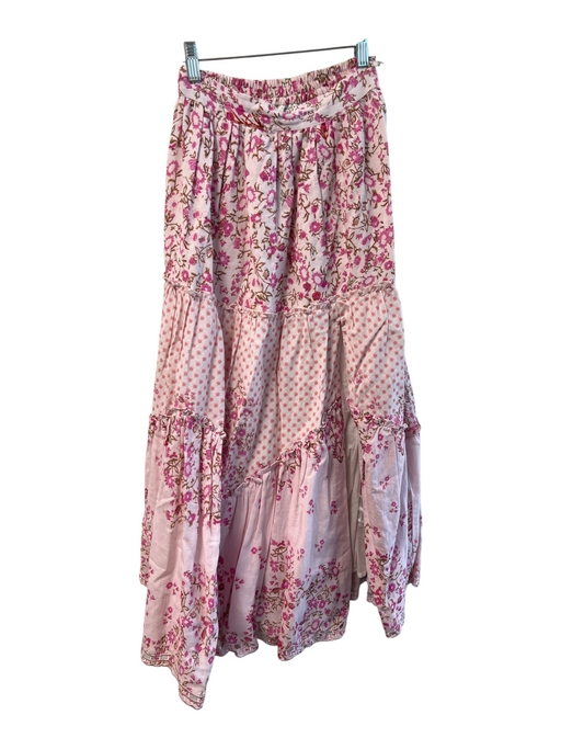 Hemant & Nandita Size XS Pink Cotton Elastic Waist Maxi Tiered Floral Skirt Pink / XS
