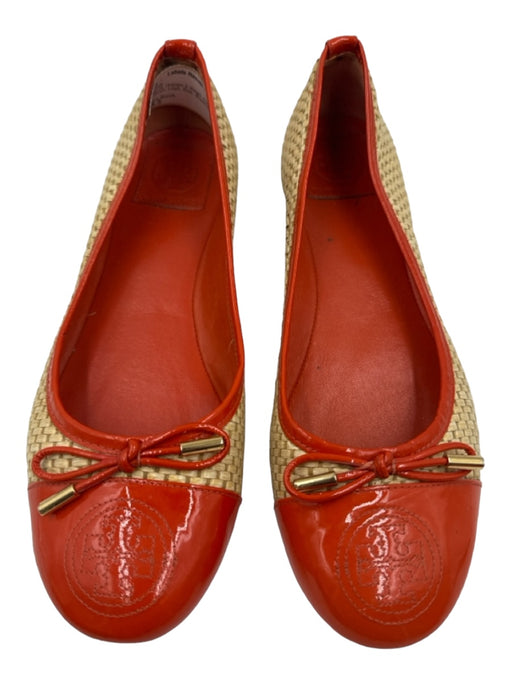 Tory Burch Shoe Size 8.5 Orange & Beige Patent Leather Woven Logo Bow Flats Orange & Beige / 8.5