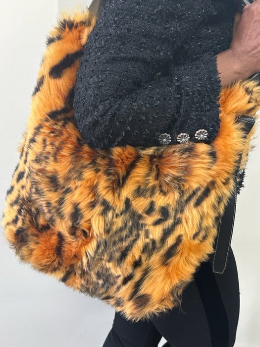 Celine Black & Orange Leather Fur Animal Print Shoulder Bag Tote Bag